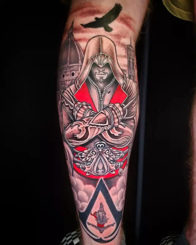 Video game hooded assassin sleeve by Chris Carp at Heart & Sword Tattoo