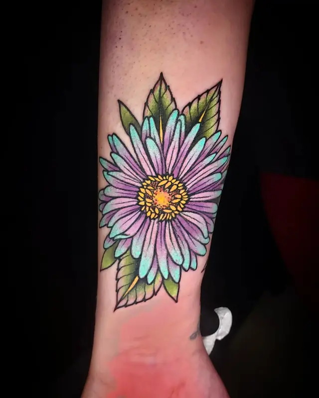Color aster flower by Chris Carp at Heart & Sword Tattoo