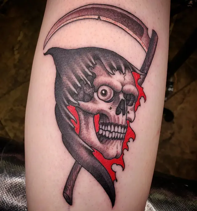 Grim reaper skull with scythe by Chris Carp at Heart & Sword Tattoo