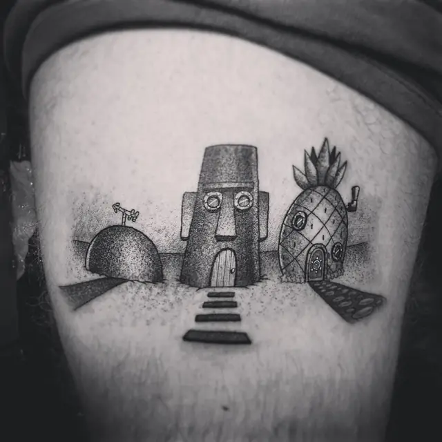 Stippled black and gray cartoon houses tattoo by Chris Carp at Heart & Sword Tattoo