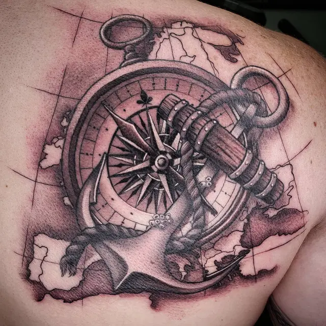 Black and gray compass, anchor and map shoulder piece by Chris Carp at Heart & Sword Tattoo