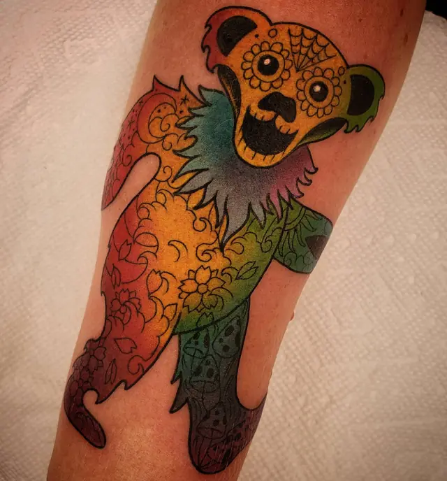 Colorful patterned dancing bear tattoo by Chris Carp at Heart & Sword Tattoo