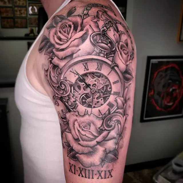 Black and gray pocket watch and roses half sleeve by Chris Carp at Heart & Sword Tattoo