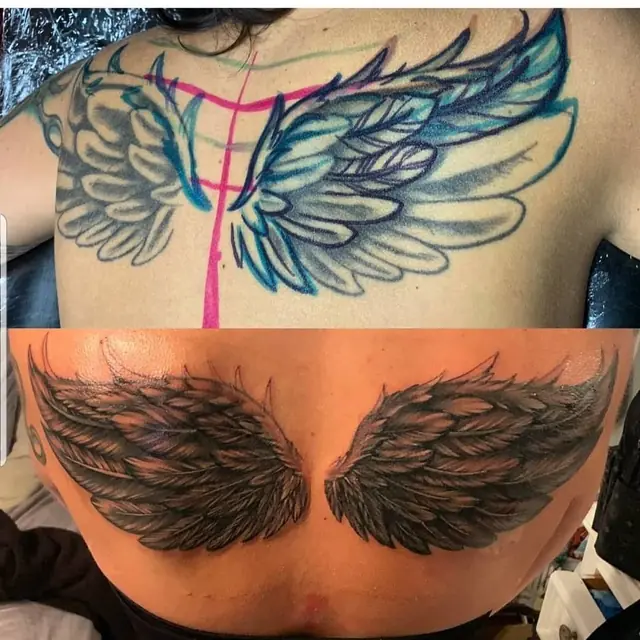 Angel wings cover-up, before and after by Chris Carp at Heart & Sword Tattoo