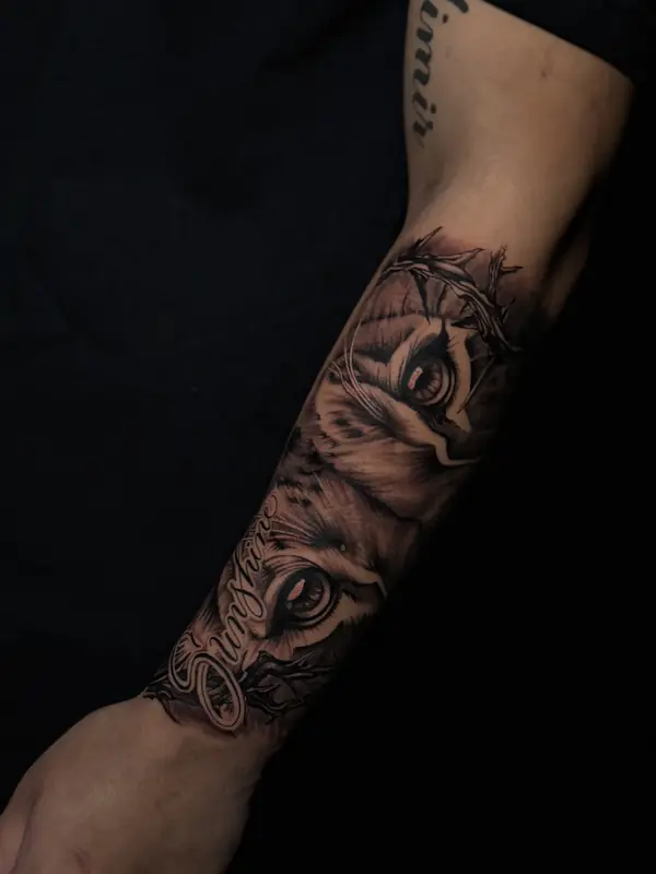 Black and gray realism owl forearm sleeve by Dina at Heart & Sword Tattoo