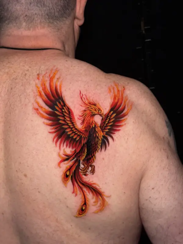 Color phoenix shoulder tattoo by Dina at Heart & Sword Tattoo