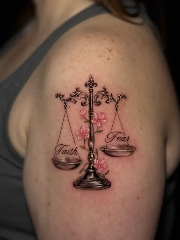 Scales of justice with flowers, 'Faith' and 'Fear' by Dina at Heart & Sword Tattoo